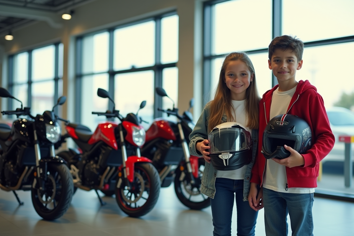 Deux adolescents avec casques devant des motos en showroom lumineux