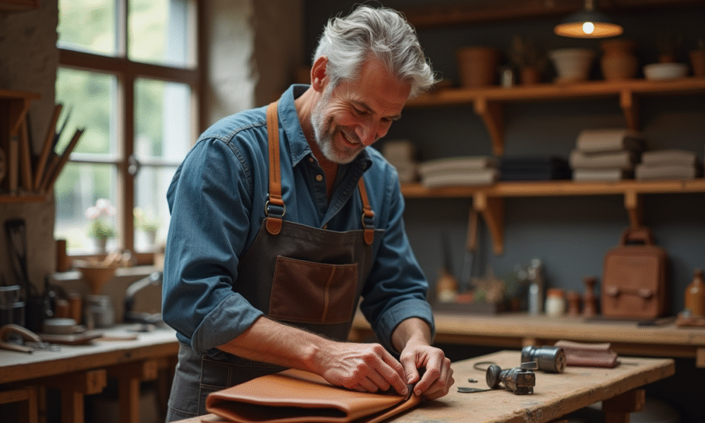 Artisan français inspectant un sac en cuir dans son atelier