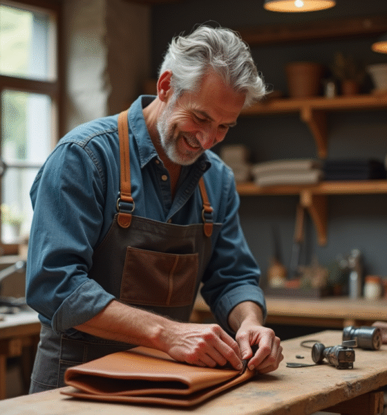 Artisan français inspectant un sac en cuir dans son atelier