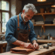 Artisan français inspectant un sac en cuir dans son atelier