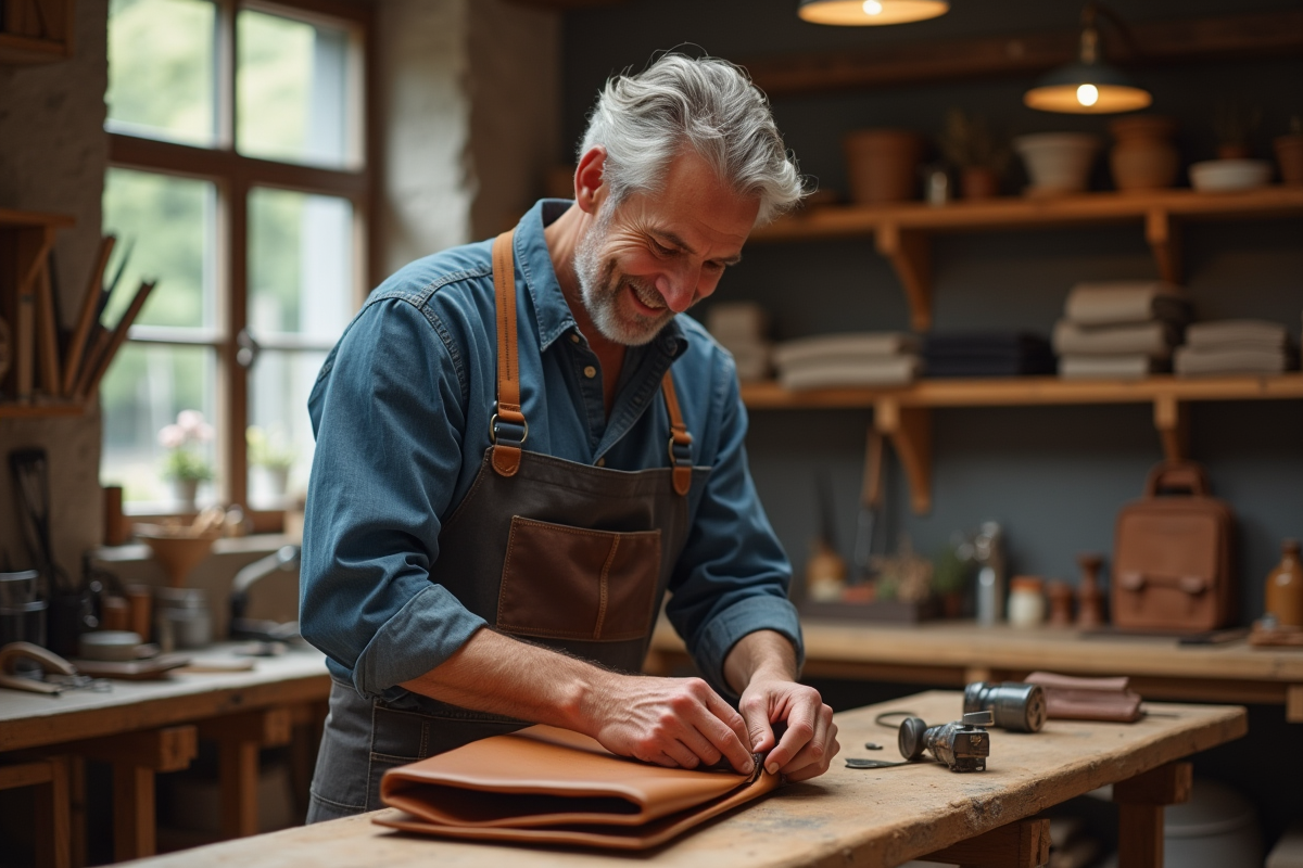Artisan français inspectant un sac en cuir dans son atelier