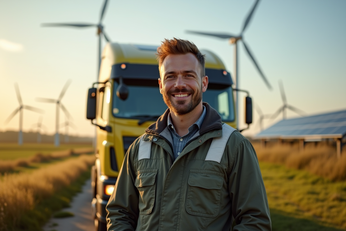 Conducteur souriant avec camion écologique dans la campagne