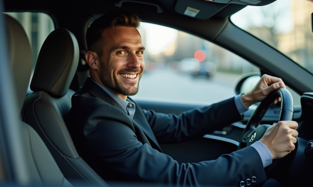 Homme conducteur souriant dans une voiture moderne