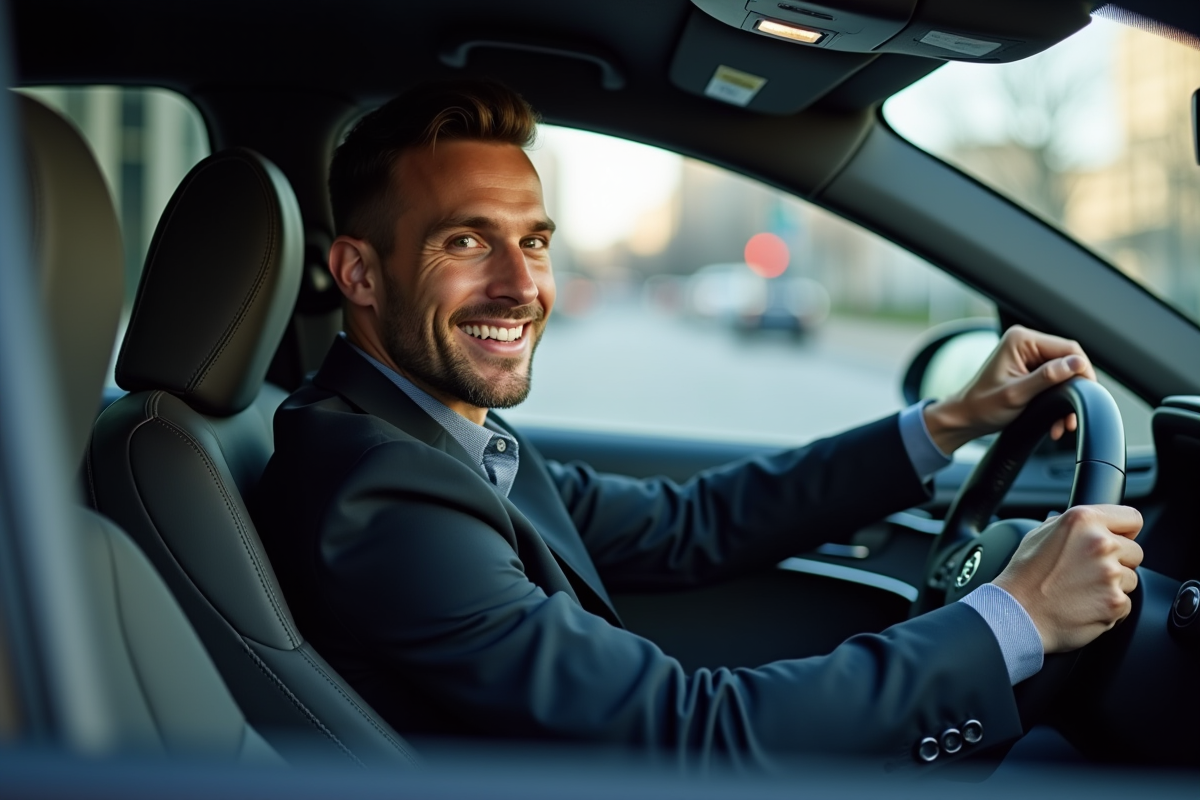 Homme conducteur souriant dans une voiture moderne