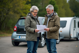 Un couple examine des papiers près d'une voiture avec remorque en extérieur