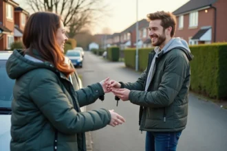 Femme donnant des clés à un jeune homme devant une voiture