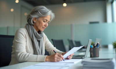 Femme d'environ 60 ans remplissant des papiers dans un bureau moderne