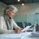 Femme d'environ 60 ans remplissant des papiers dans un bureau moderne