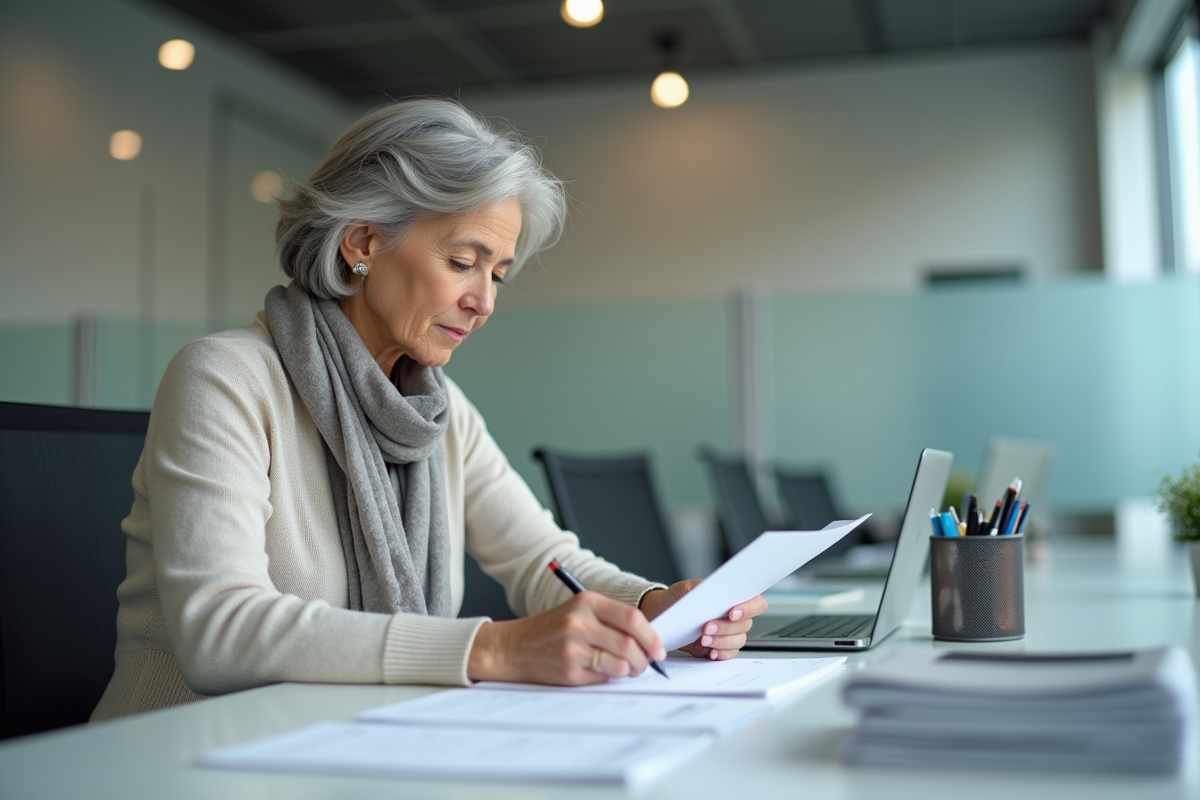 Femme d'environ 60 ans remplissant des papiers dans un bureau moderne
