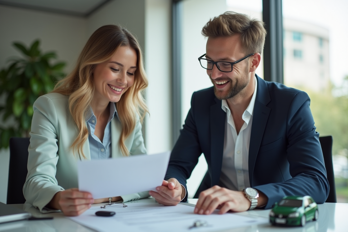 Femme d'affaires confiante discutant assurance voiture dans un bureau