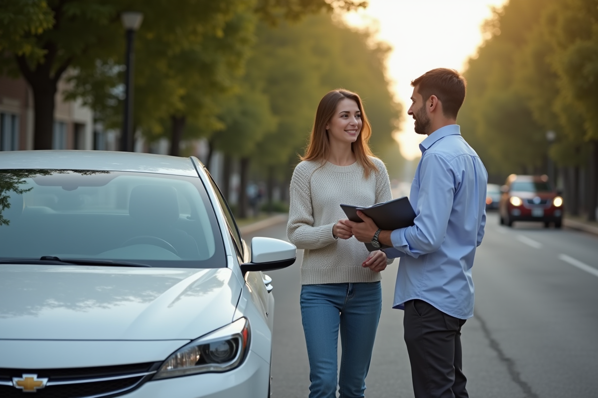 Jeune femme parle avec un expert en assurance auto