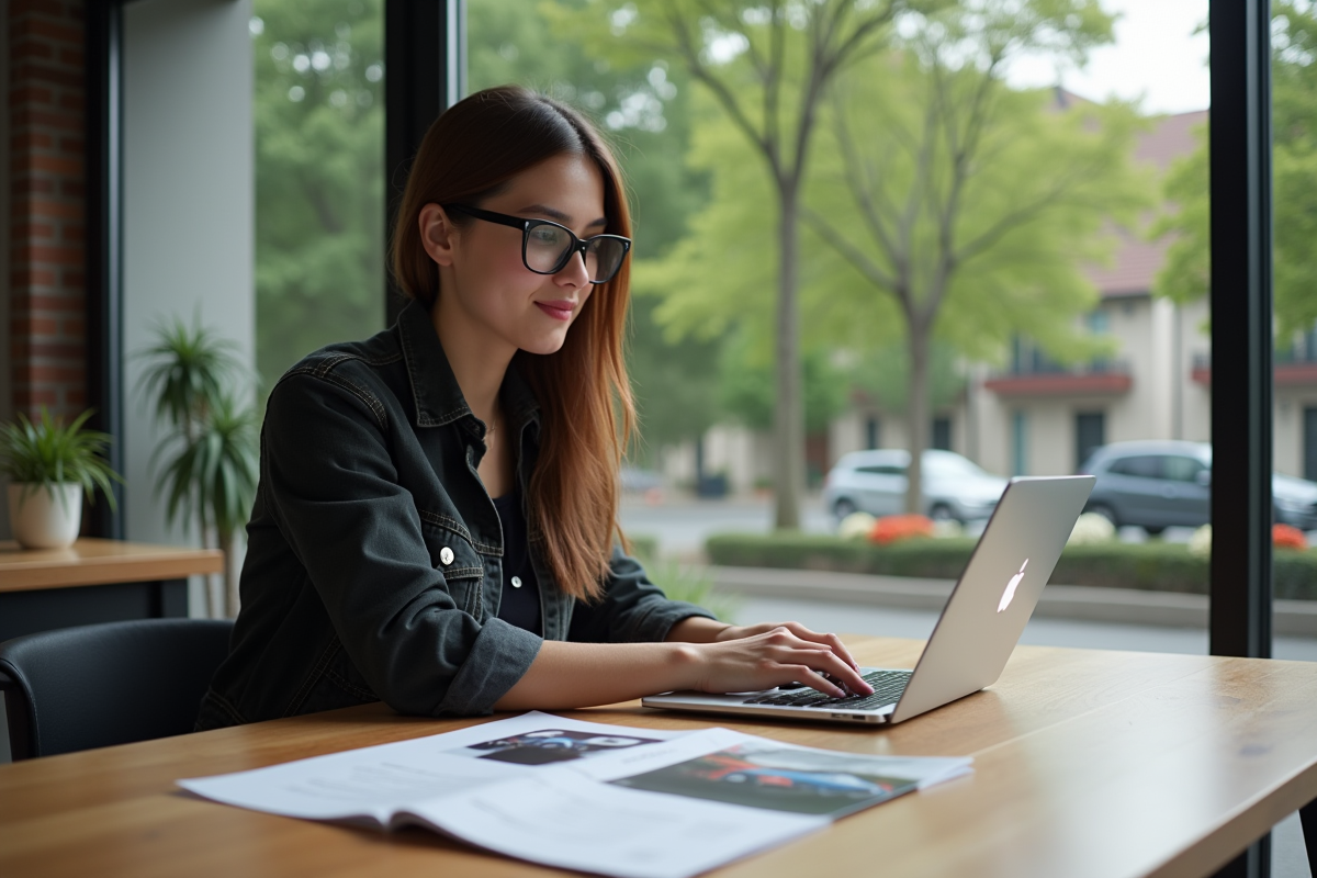 Femme travaillant avec brochures Alpine en intérieur