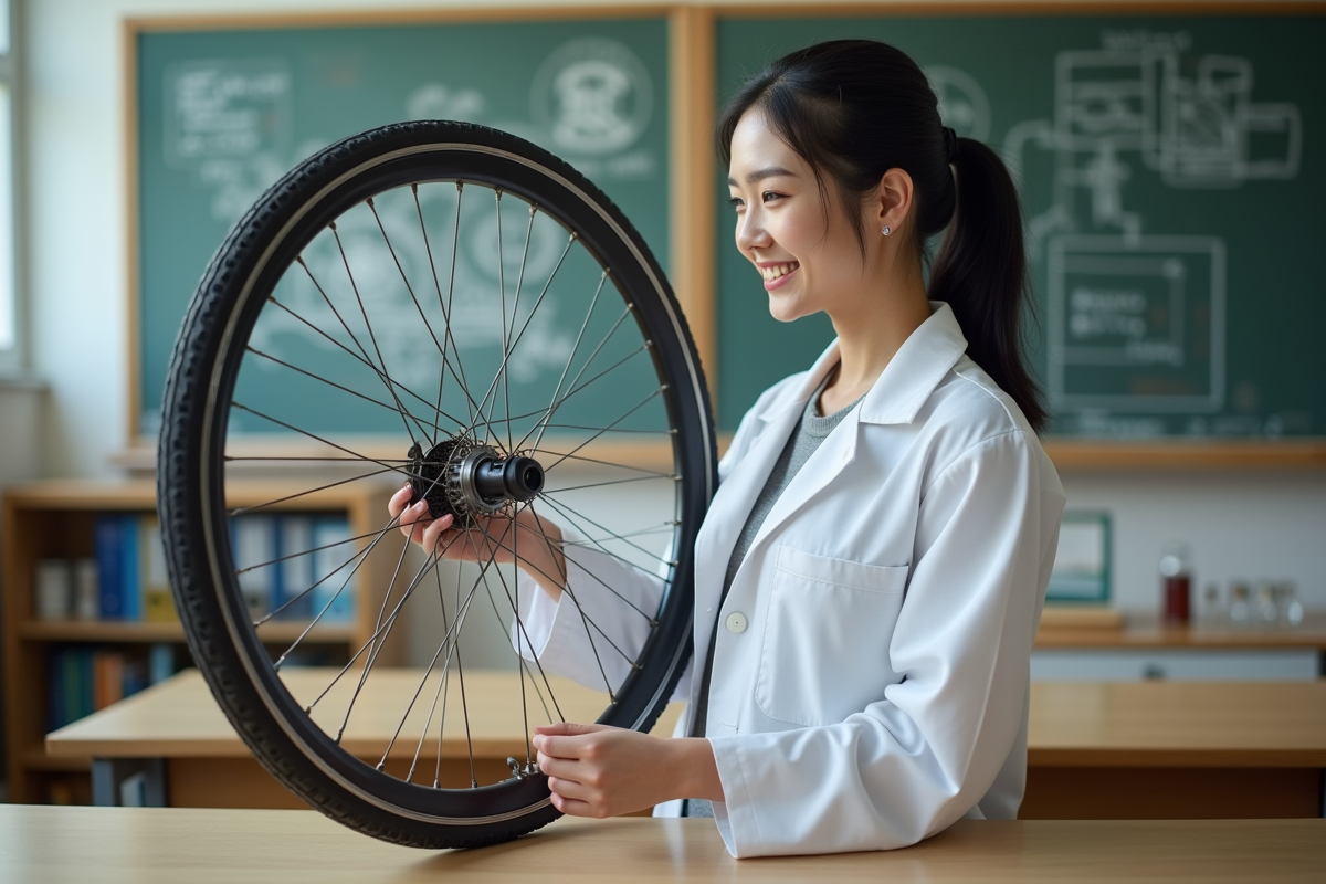 Jeune femme montrant un moyeu de vélo en classe