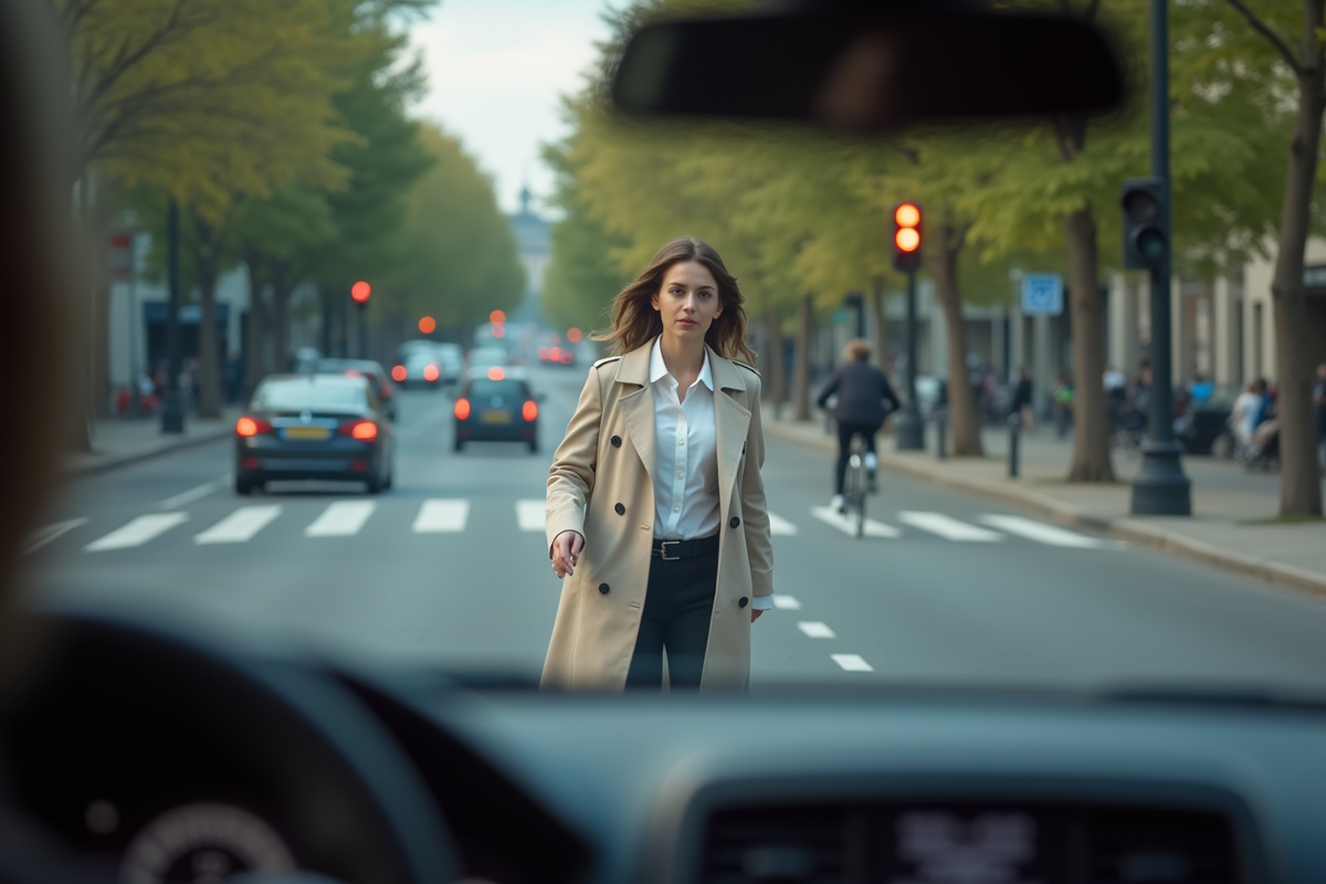 Femme pressée traverse la rue depuis une voiture arrêtée