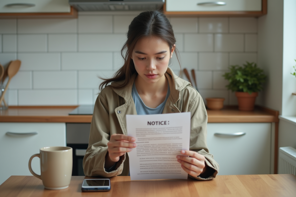Jeune femme lisant une amende dans sa cuisine domestique