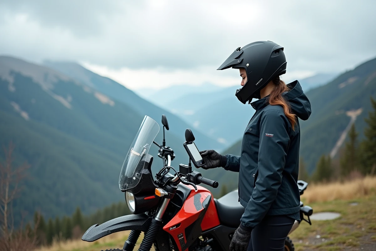 Jeune femme avec casque et moto en montagne utilisant GPS