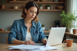 Femme utilisant un ordinateur pour télécharger documents de voiture