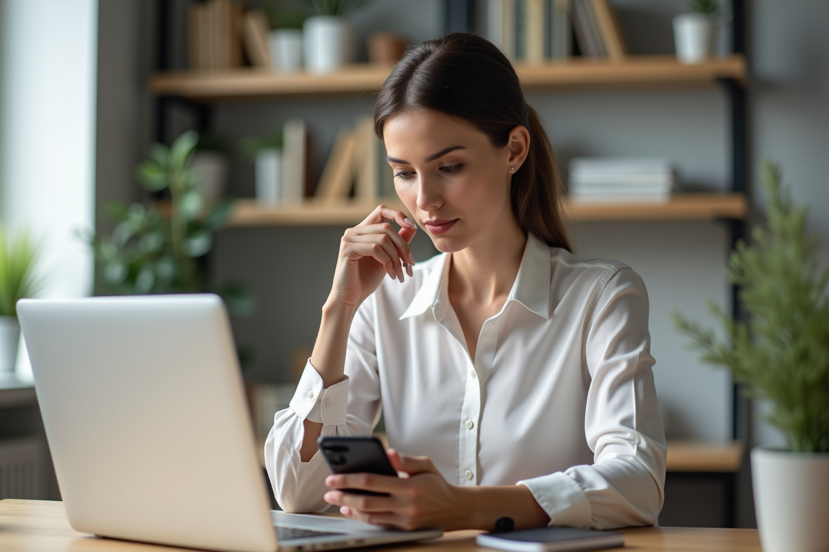 Jeune femme en bureau moderne avec ordinateur et smartphone