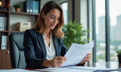 Femme d'affaires examine des documents de leasing voiture