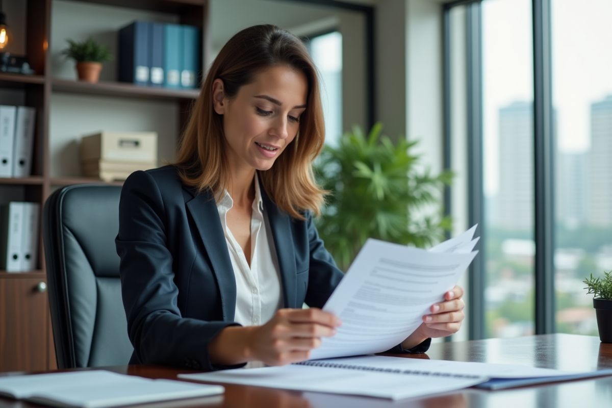 Femme d'affaires examine des documents de leasing voiture
