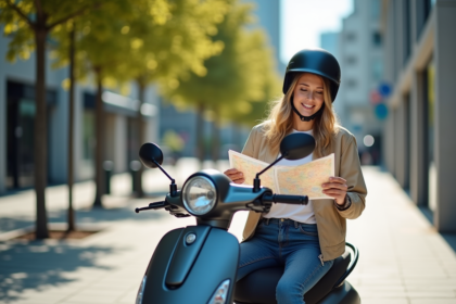 Jeune femme souriante avec scooter et carte en ville