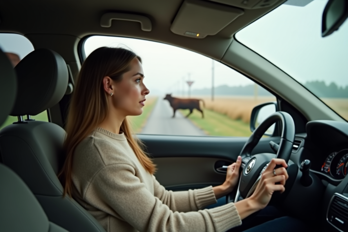 Jeune femme surprise au volant d une voiture avec un cerf en arrière-plan