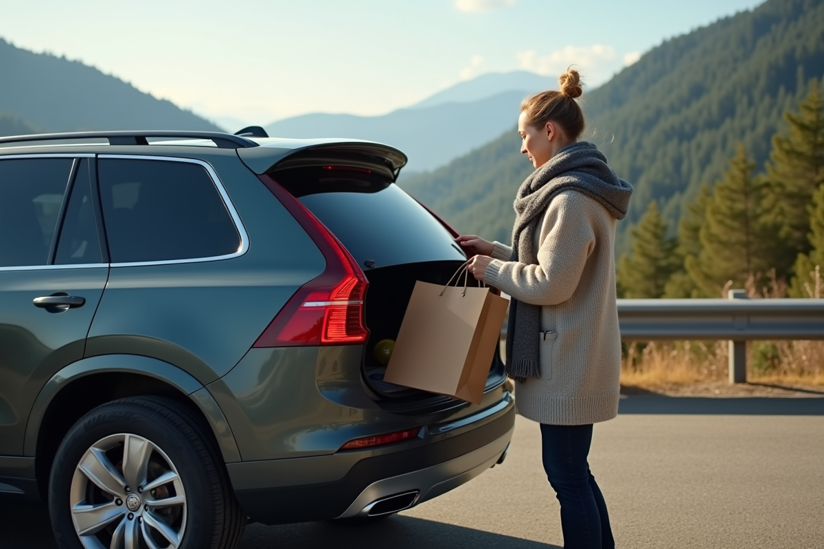 Femme avec SUV près d’un panorama montagneux