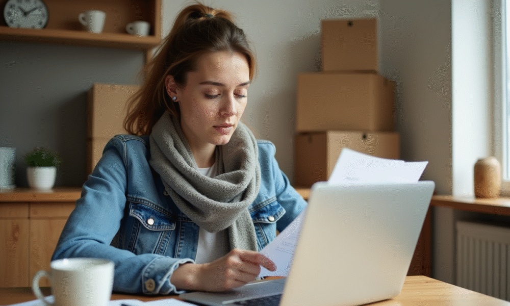 Femme vérifiant une amende de stationnement dans une cuisine lumineuse