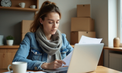 Femme vérifiant une amende de stationnement dans une cuisine lumineuse