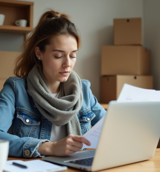 Femme vérifiant une amende de stationnement dans une cuisine lumineuse