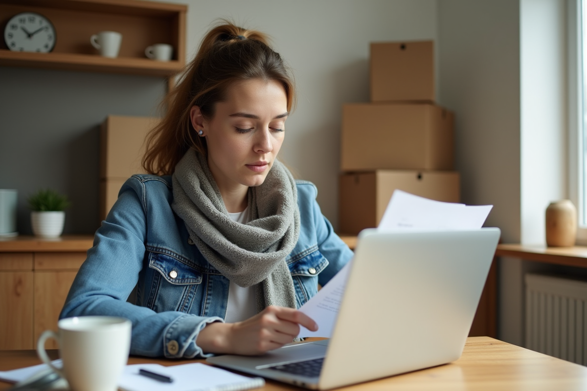 Femme vérifiant une amende de stationnement dans une cuisine lumineuse