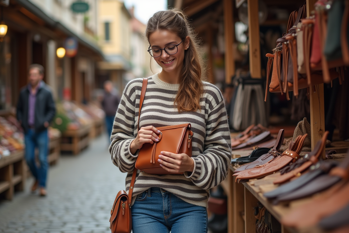 Jeune femme admirant un sac en cuir au marché en plein air