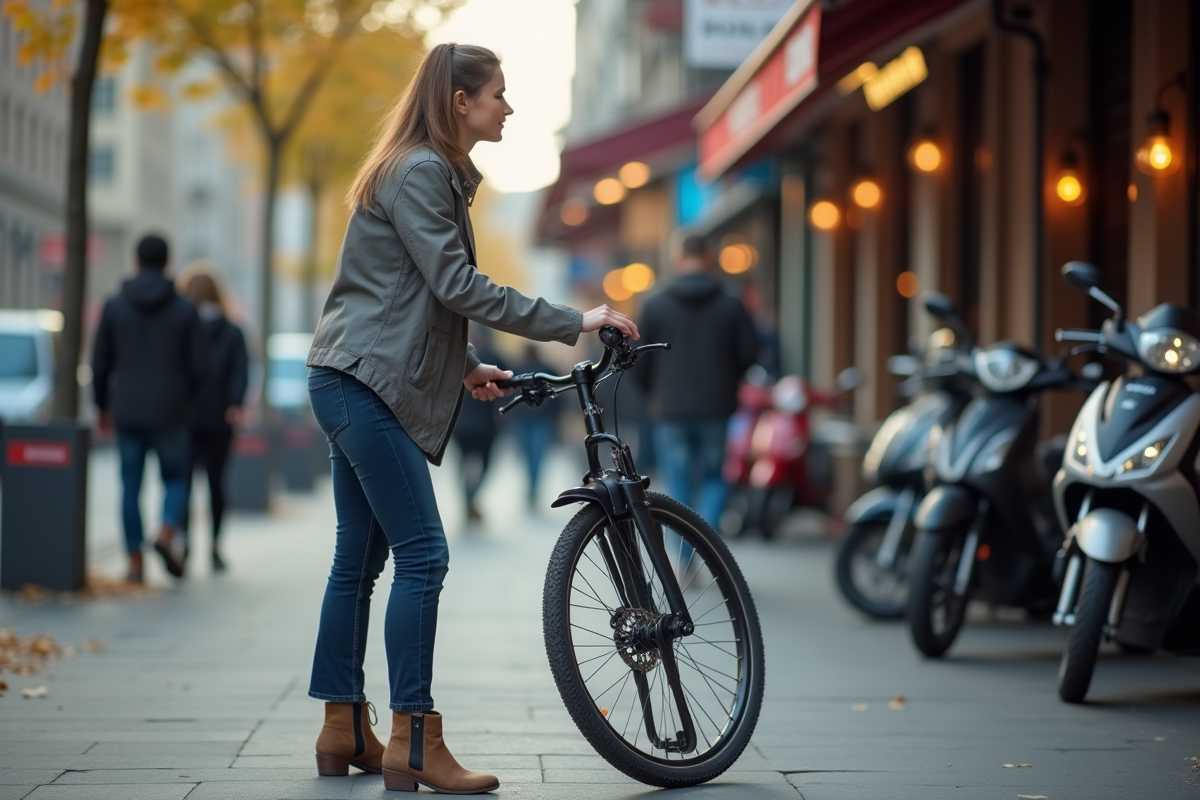 Jeune femme en vélo dans une rue de ville animée