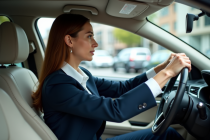 Femme en costume dans sa voiture moderne en ville
