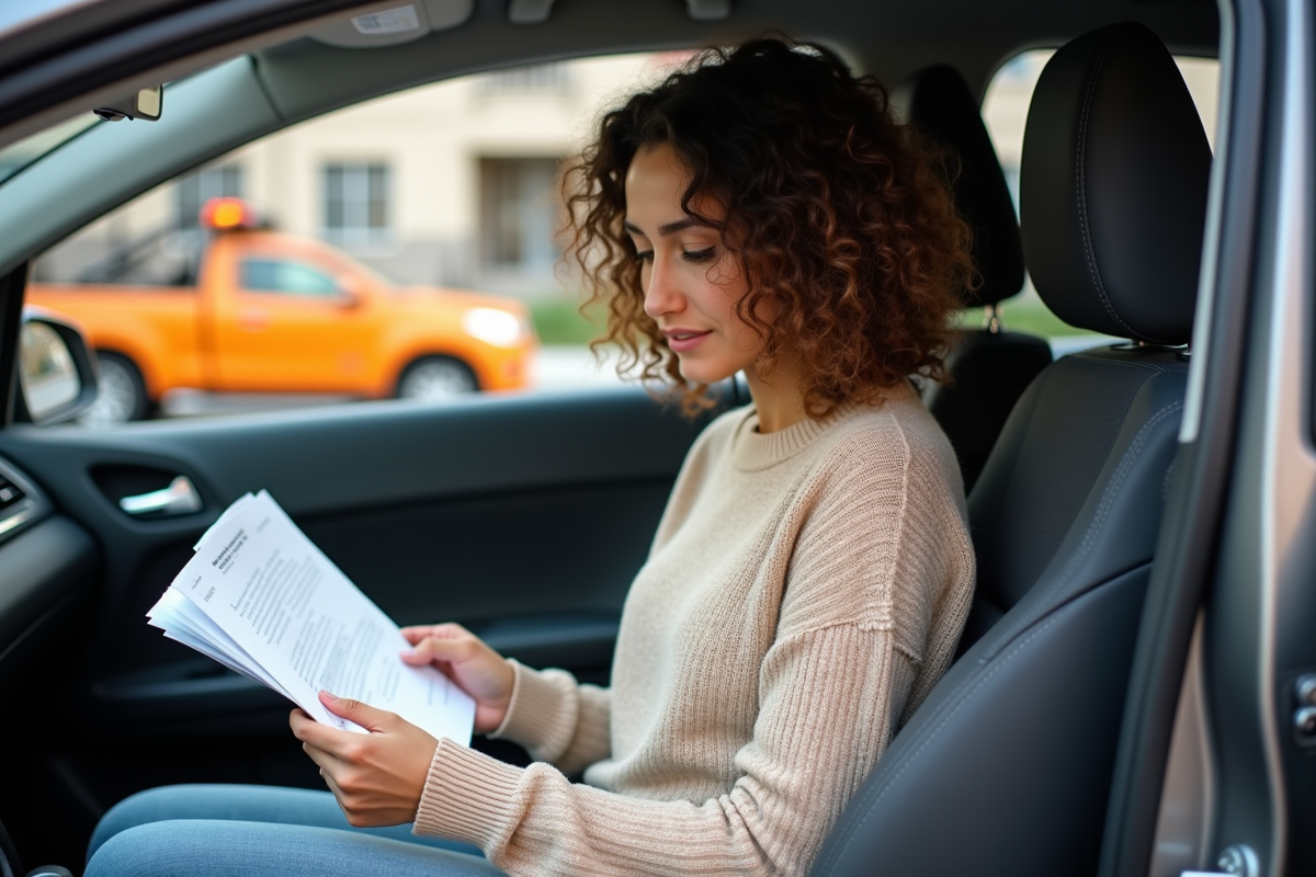 Femme assise dans la voiture en train de lire des documents