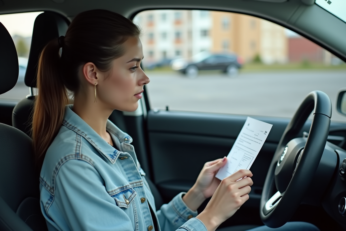 Jeune femme regardant un avis de contrôle technique dans sa voiture