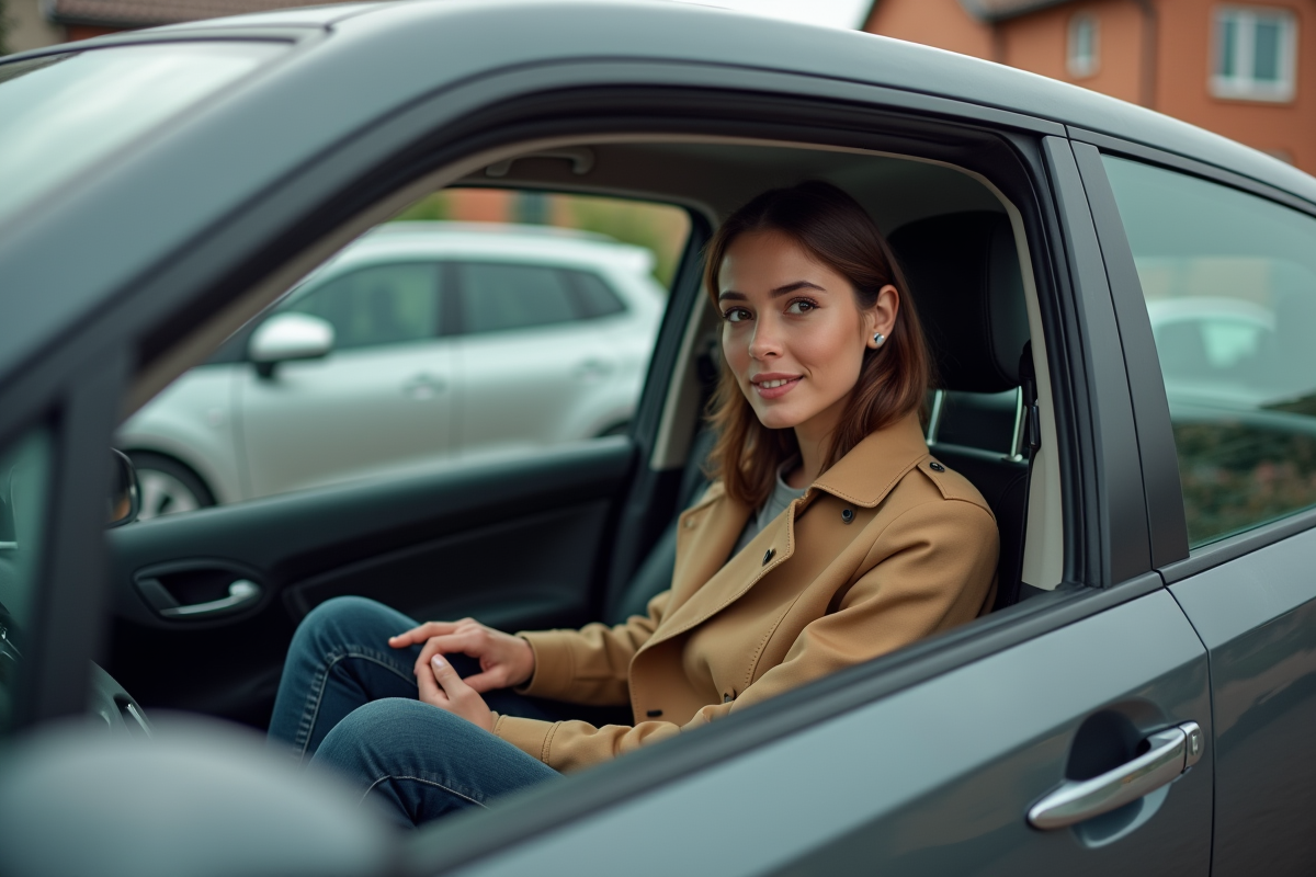 Femme observant une rayure sur la porte de sa voiture