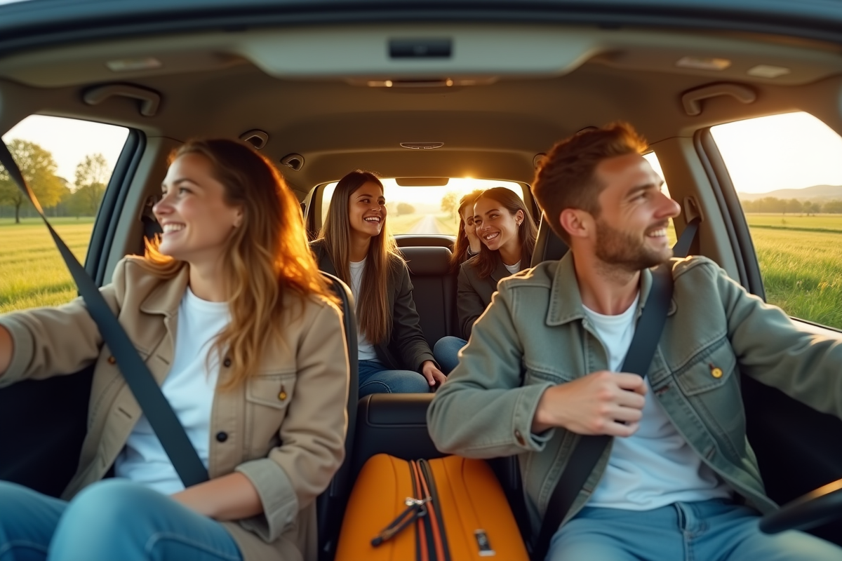 Groupe de jeunes partageant une voiture en campagne ensoleillée