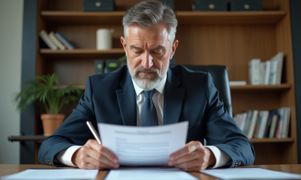 Homme d'affaires en bureau lisant des formulaires d'assurance