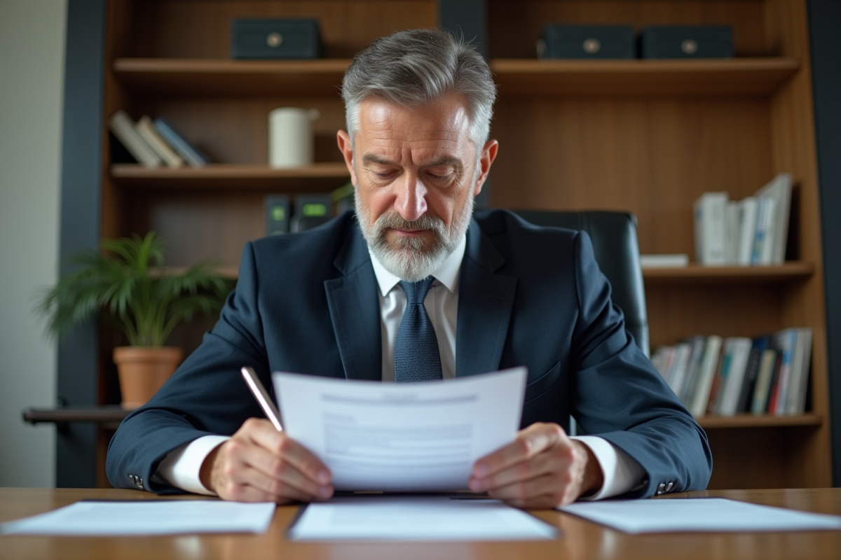 Homme d'affaires en bureau lisant des formulaires d'assurance