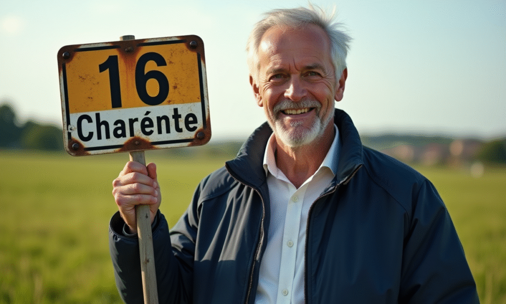 Homme français souriant tenant un panneau vintage Charente