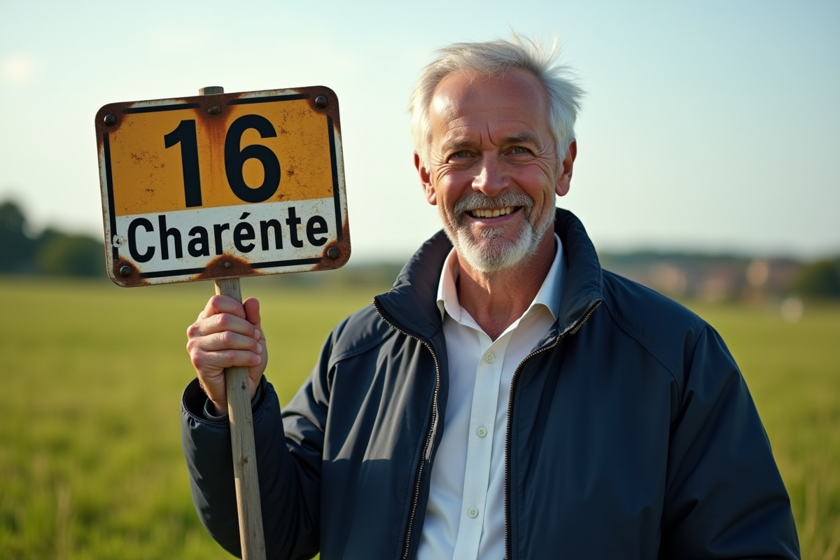 Homme français souriant tenant un panneau vintage Charente