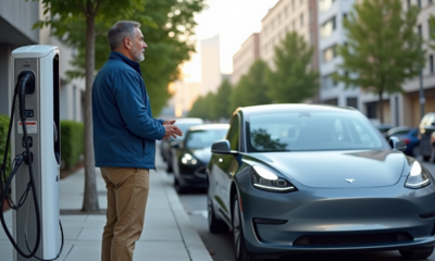 Homme en veste bleue surveillant la charge de sa voiture électrique