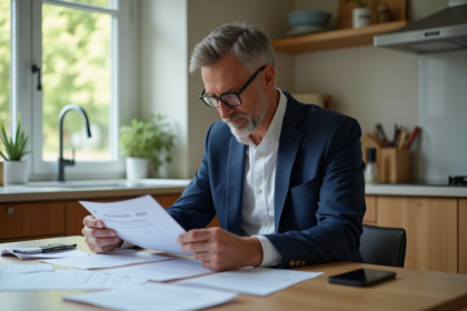Homme en costume examine documents d'assurance auto