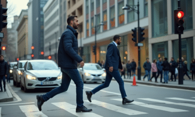 Homme en mouvement traverse une rue urbaine au feu rouge