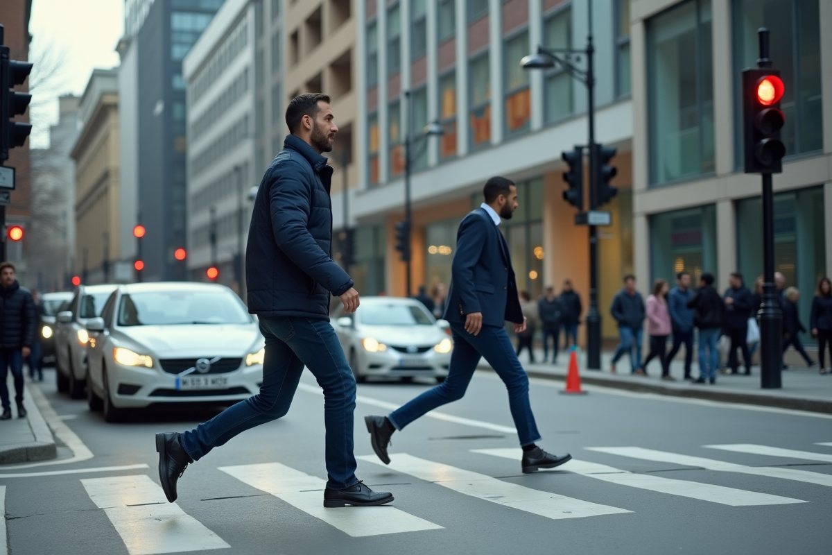 Homme en mouvement traverse une rue urbaine au feu rouge