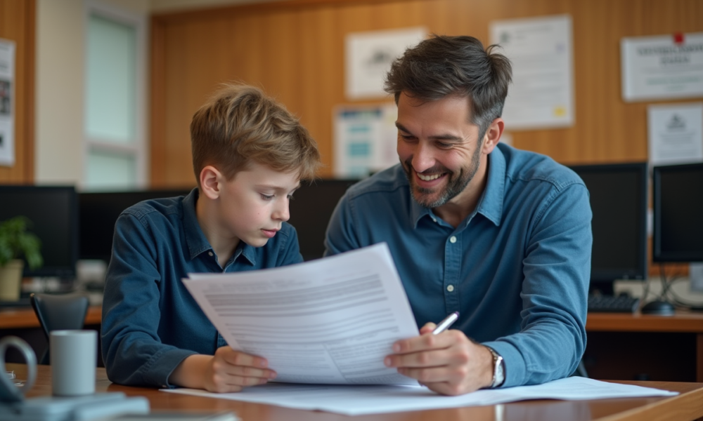 Père et fils examinent des papiers de voiture au bureau