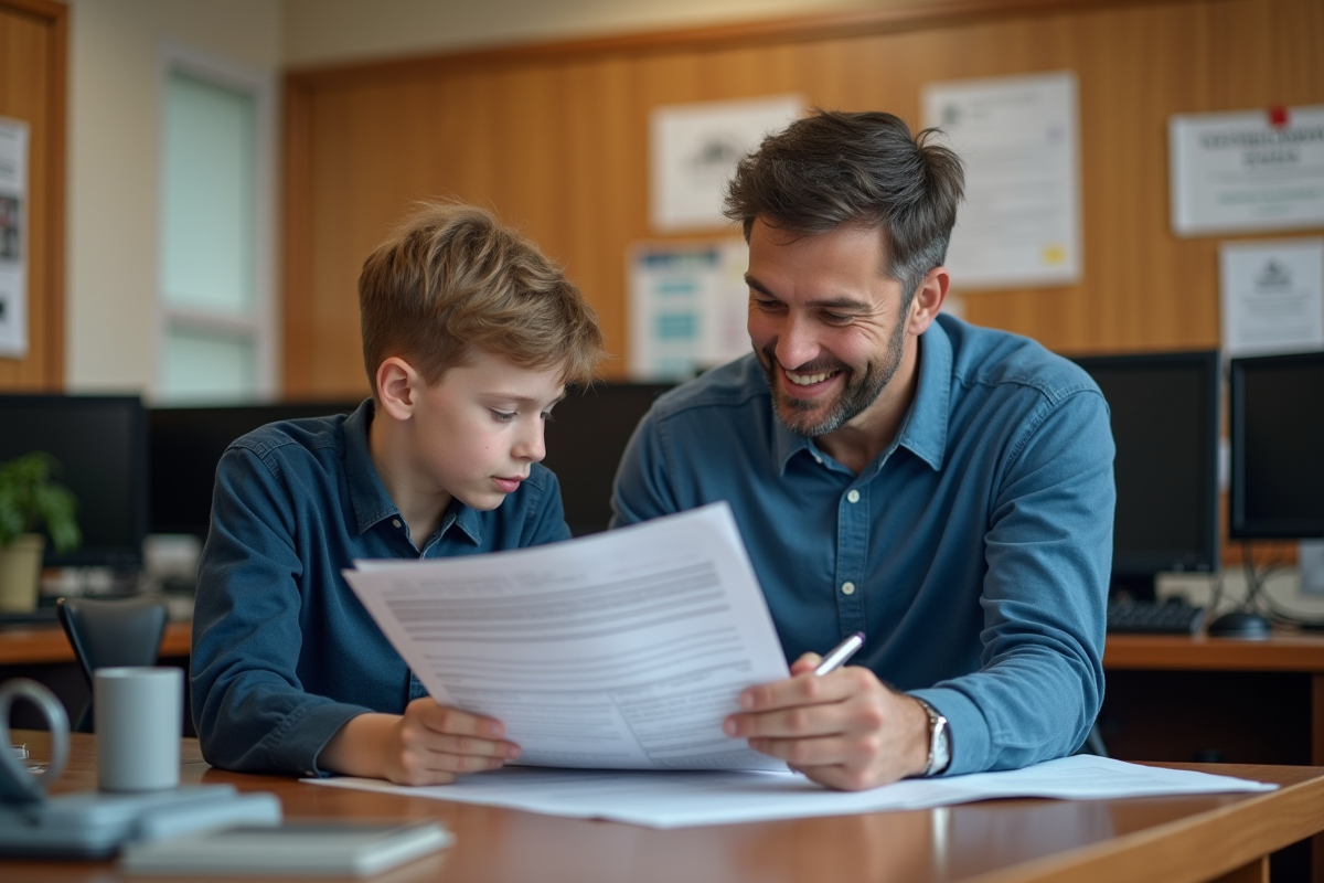Père et fils examinent des papiers de voiture au bureau