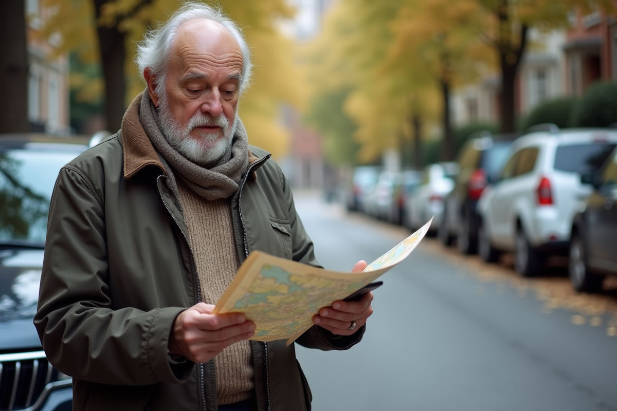 Homme âgé utilisant carte et smartphone dans la rue urbaine