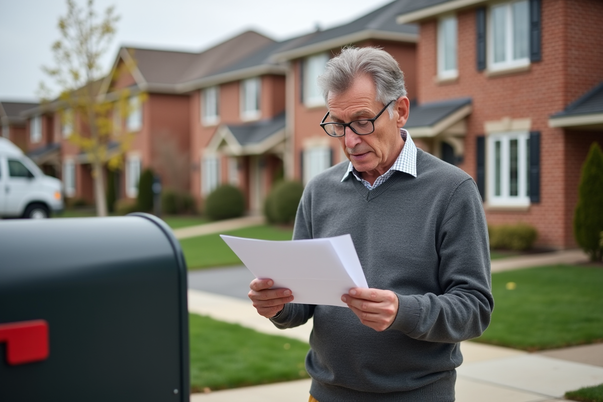 Homme regardant une lettre devant sa maison en banlieue